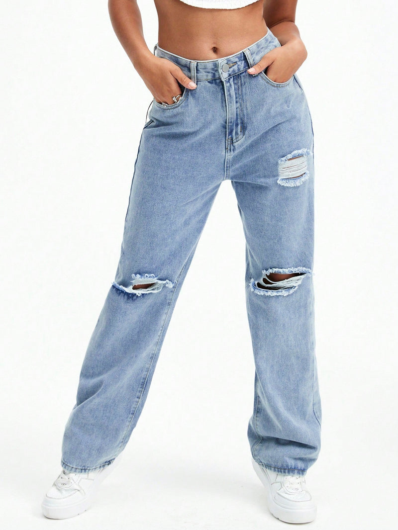 EZwear Jeans de pierna recta de talle alto roto crudo