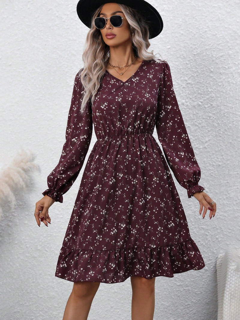 LUNE Vestido con estampado floral de manga con volante bajo con fruncido sin cinturon