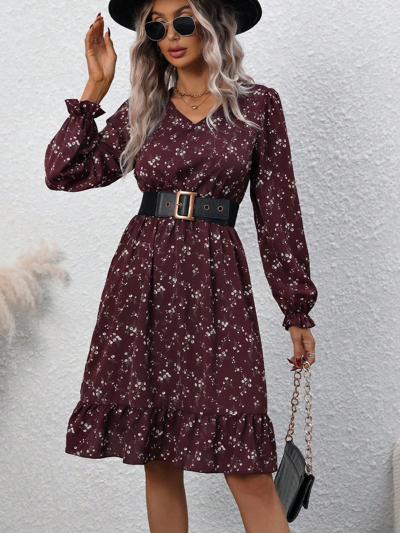 LUNE Vestido con estampado floral de manga con volante bajo con fruncido sin cinturon