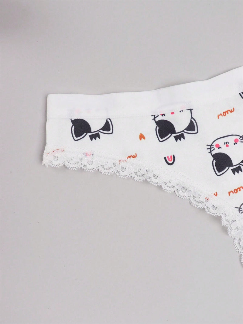 Ropa Interior Sexy De Tanga Con Diseno De Gatos Y Adornos De Encaje Lindos Para Mujer