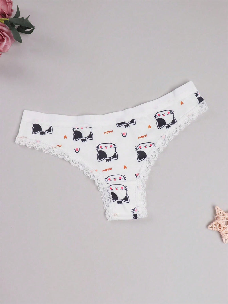 Ropa Interior Sexy De Tanga Con Diseno De Gatos Y Adornos De Encaje Lindos Para Mujer