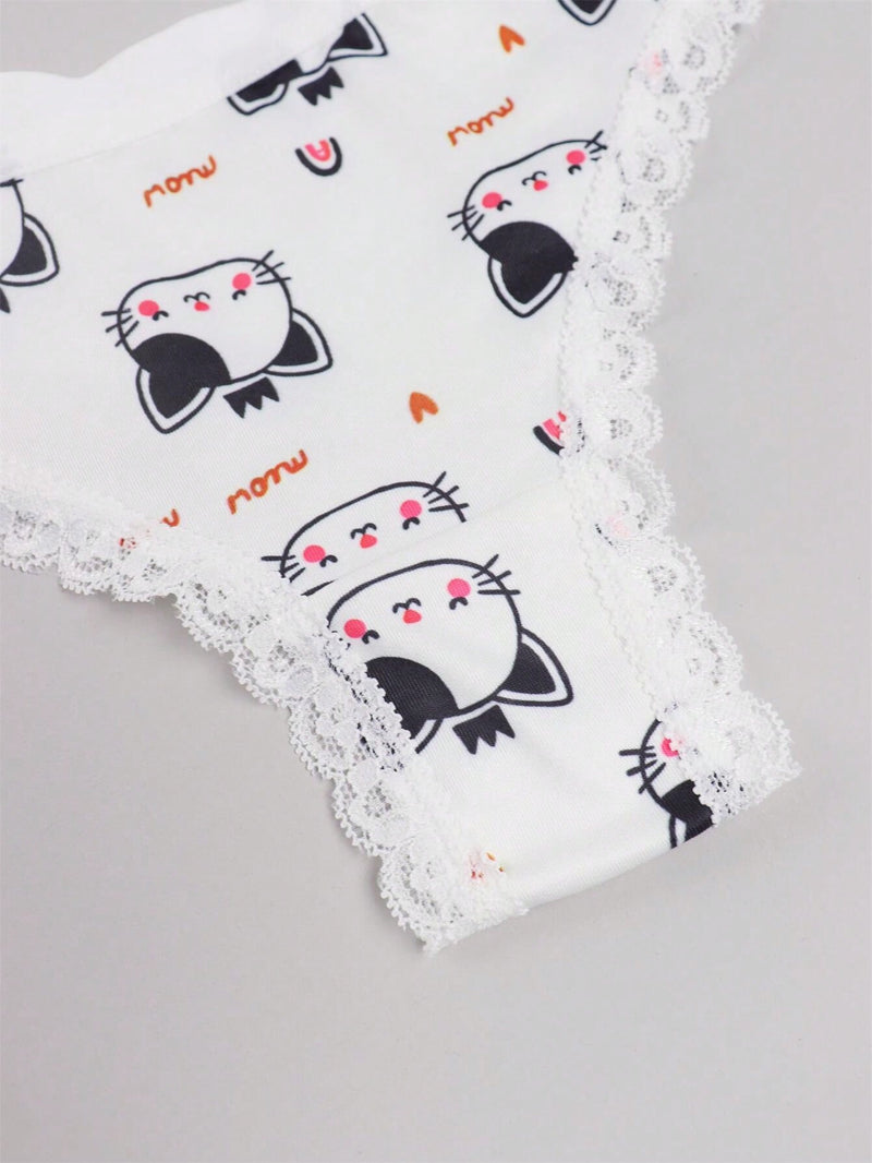 Ropa Interior Sexy De Tanga Con Diseno De Gatos Y Adornos De Encaje Lindos Para Mujer