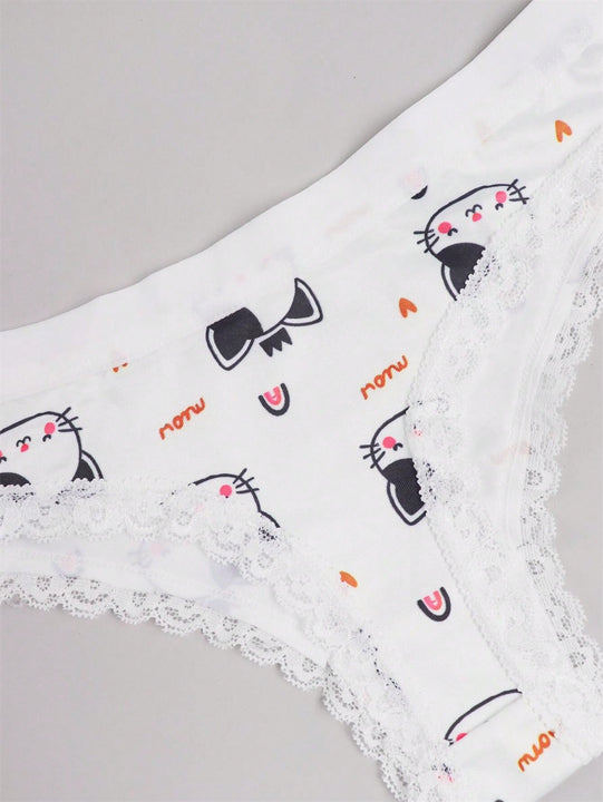 Ropa Interior Sexy De Tanga Con Diseno De Gatos Y Adornos De Encaje Lindos Para Mujer