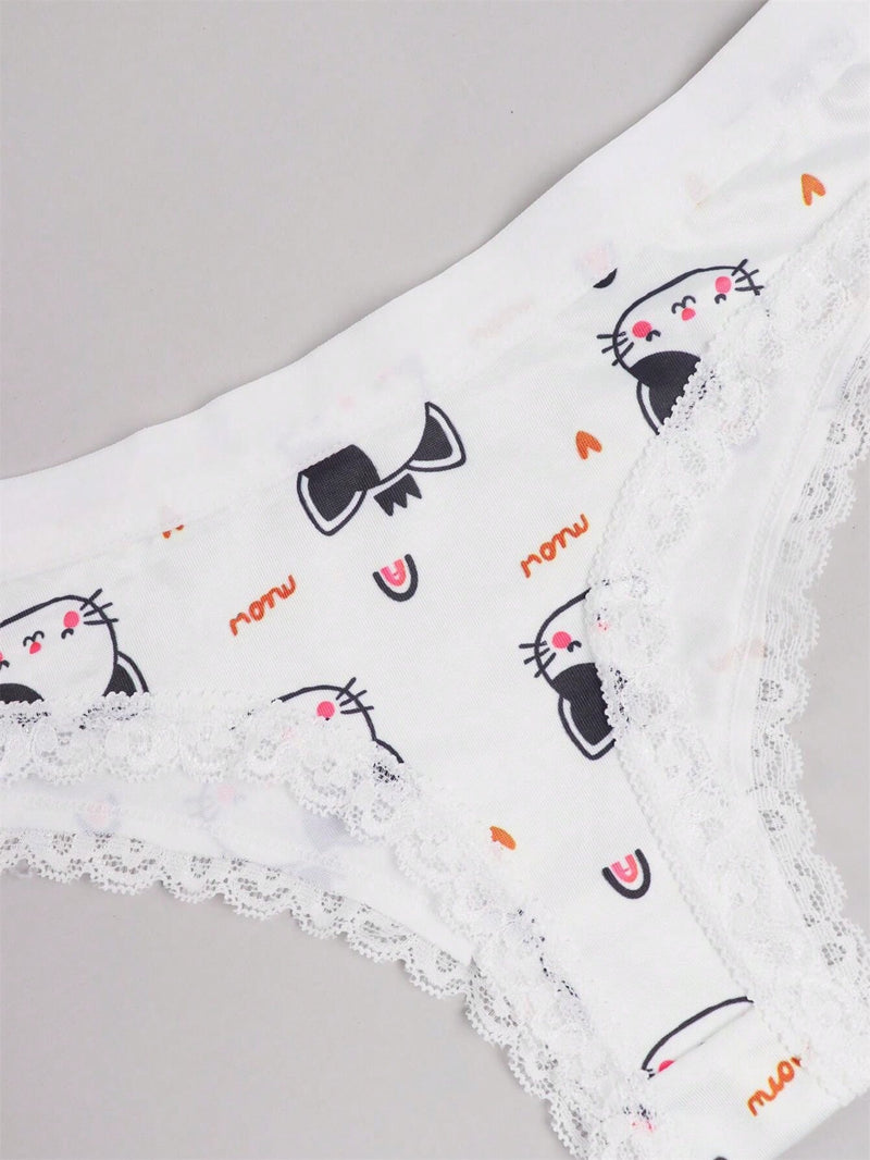 Ropa Interior Sexy De Tanga Con Diseno De Gatos Y Adornos De Encaje Lindos Para Mujer