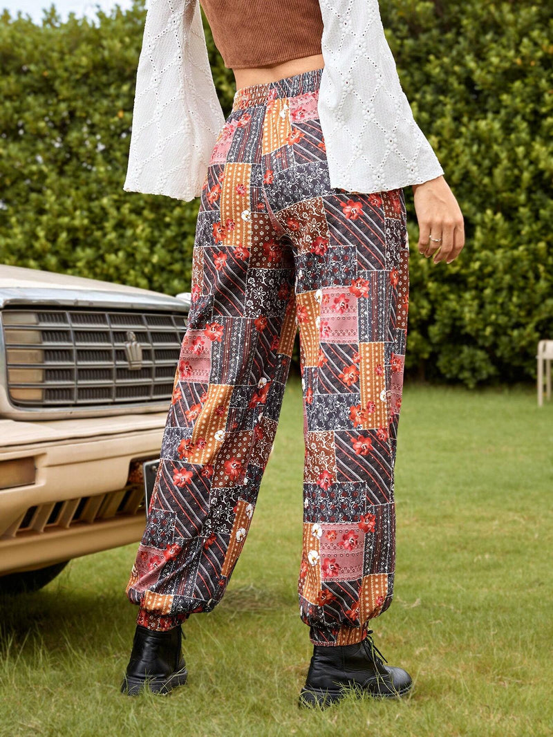 WYWH Pantalones con estampado de retazo con bolsillo oblicuo