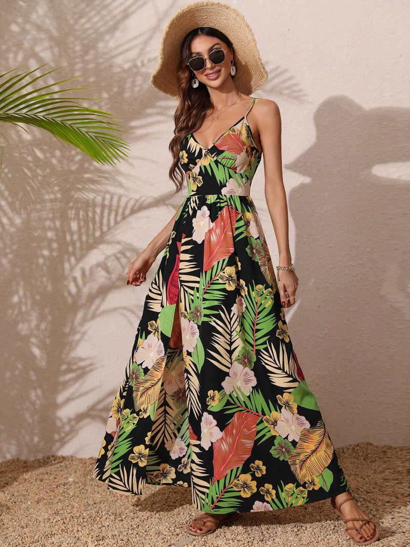 VCAY Vestido de tirantes con estampado tropical de muslo con abertura