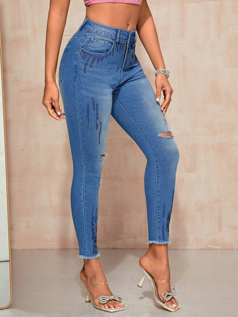 BAE Jeans ajustados de cintura con cordon desgarro bajo crudo