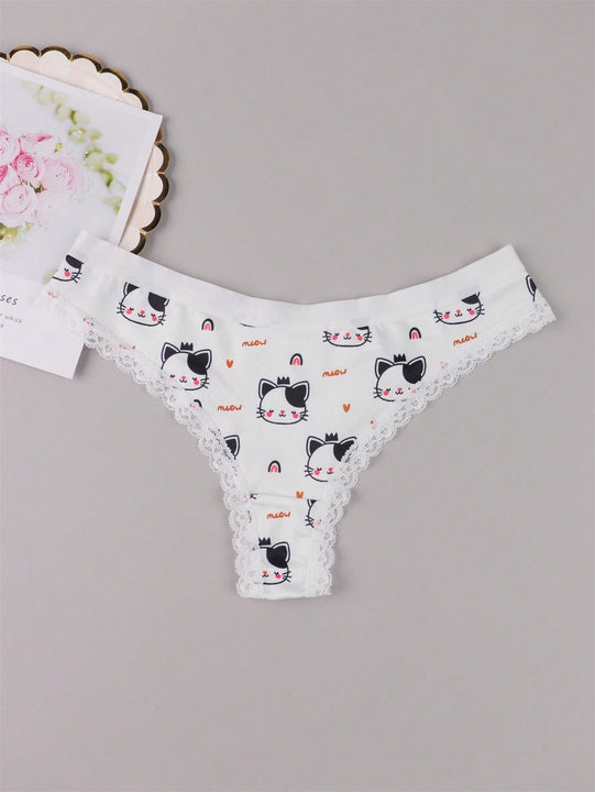 Ropa Interior Sexy De Tanga Con Diseno De Gatos Y Adornos De Encaje Lindos Para Mujer