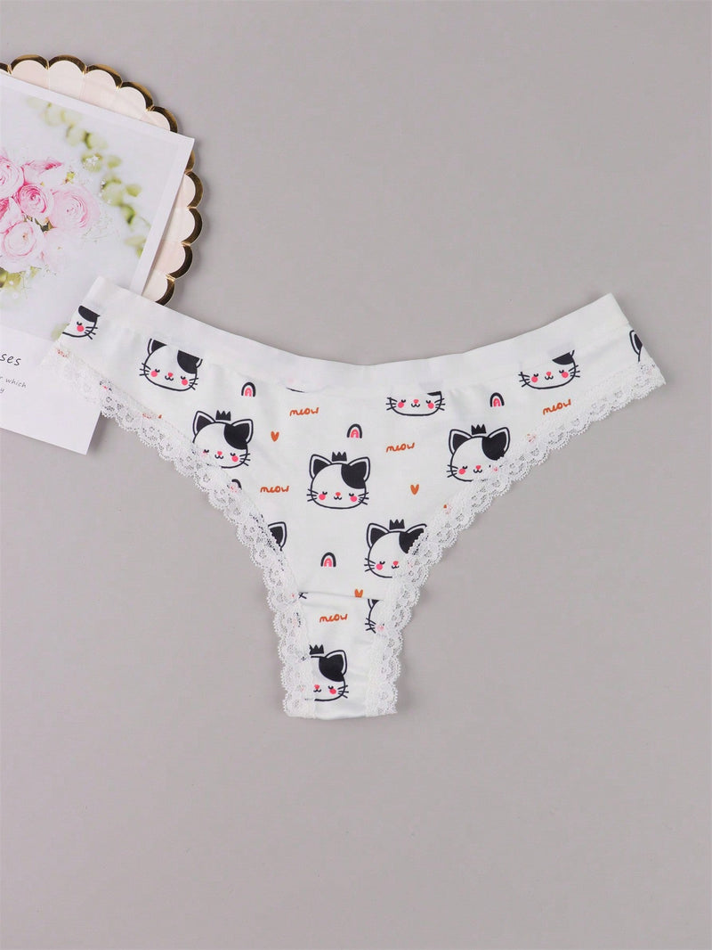 Ropa Interior Sexy De Tanga Con Diseno De Gatos Y Adornos De Encaje Lindos Para Mujer