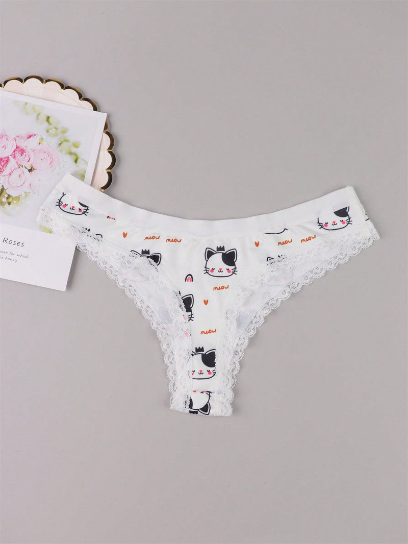 Ropa Interior Sexy De Tanga Con Diseno De Gatos Y Adornos De Encaje Lindos Para Mujer