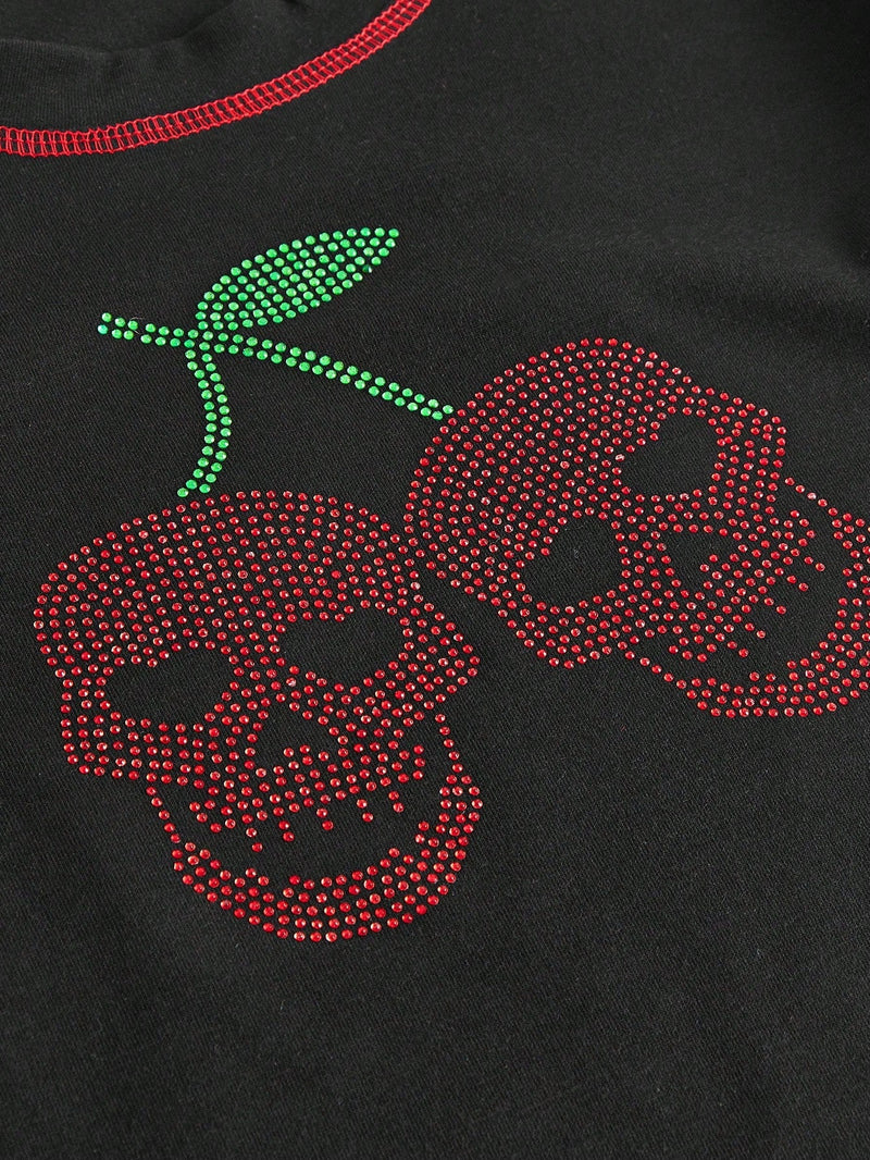 ROMWE Kawaii Camiseta Slim Fit De Manga Corta Con Patron De Calavera Y Cereza Adornado Con Diamantes De Imitacion