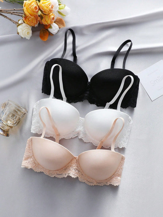 Underwear&sleepwear basics juego de lenceria de 3 piezas/set de sujetador de contraste de encaje de unicolor para mujer