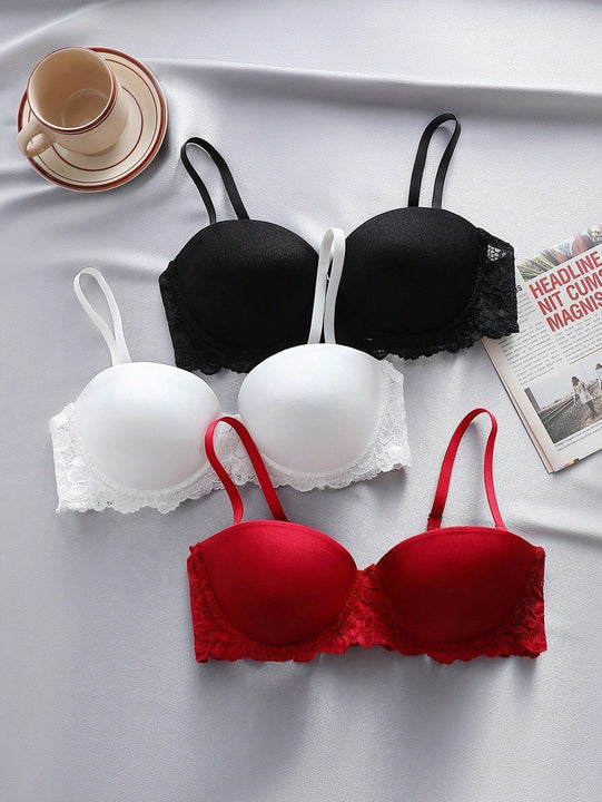 Underwear&sleepwear basics juego de lenceria de 3 piezas/set de sujetador de contraste de encaje de unicolor para mujer