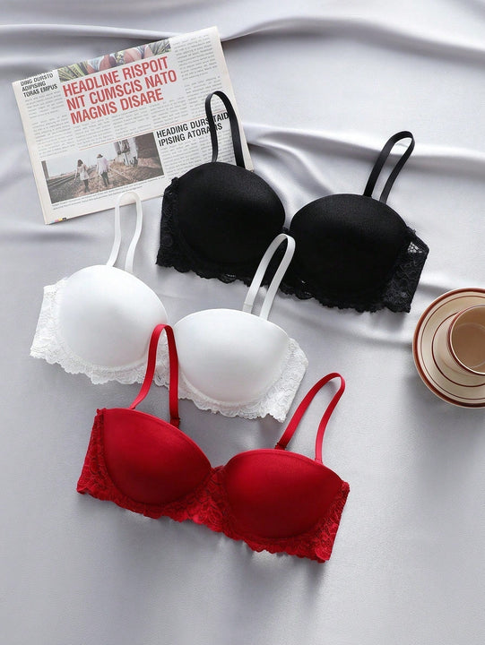 Underwear&sleepwear basics juego de lenceria de 3 piezas/set de sujetador de contraste de encaje de unicolor para mujer