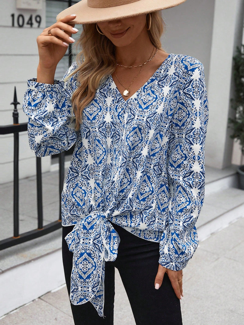 LUNE Blusa con estampado bajo con nudo