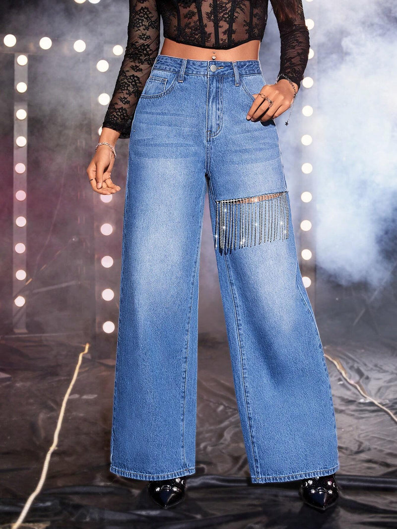 Jeans con diamante de imitacion ribete con fleco de pierna ancha