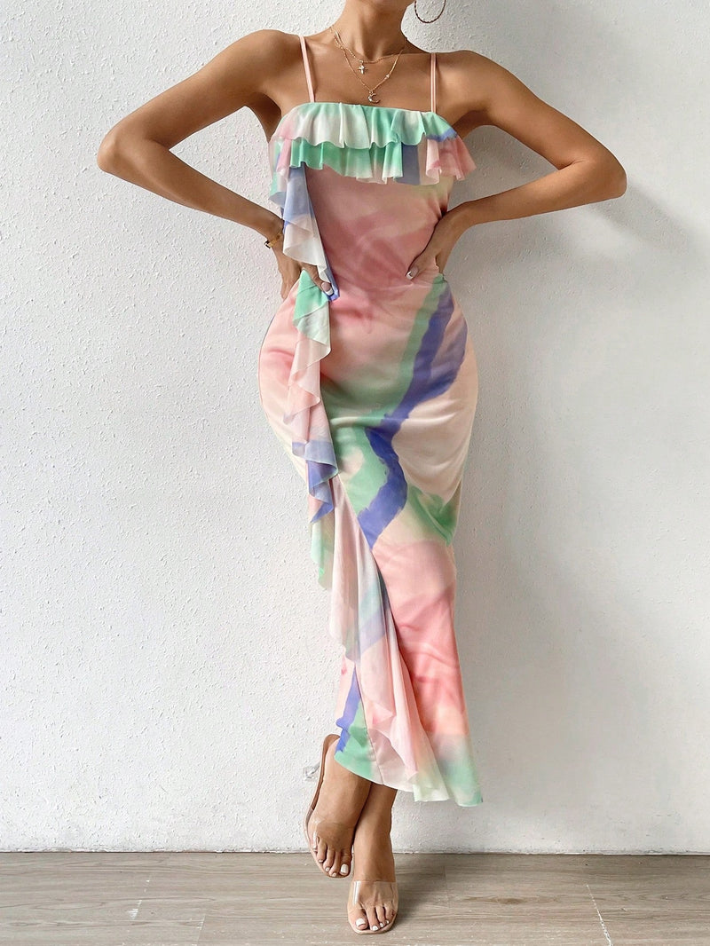 Prive Vestido de tirantes de tie dye ribete con fruncido