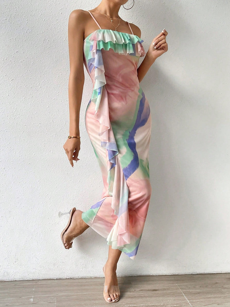 Prive Vestido de tirantes de tie dye ribete con fruncido