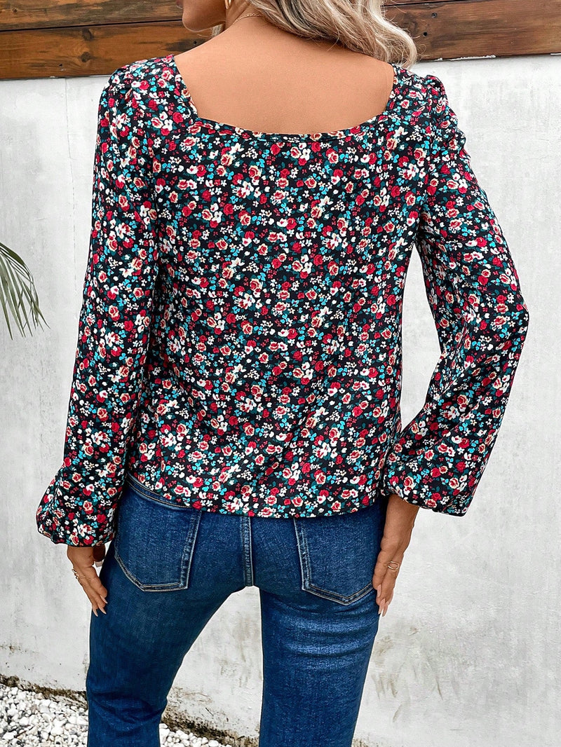 Frenchy Blusa con estampado floral ribete con encaje de manga farol