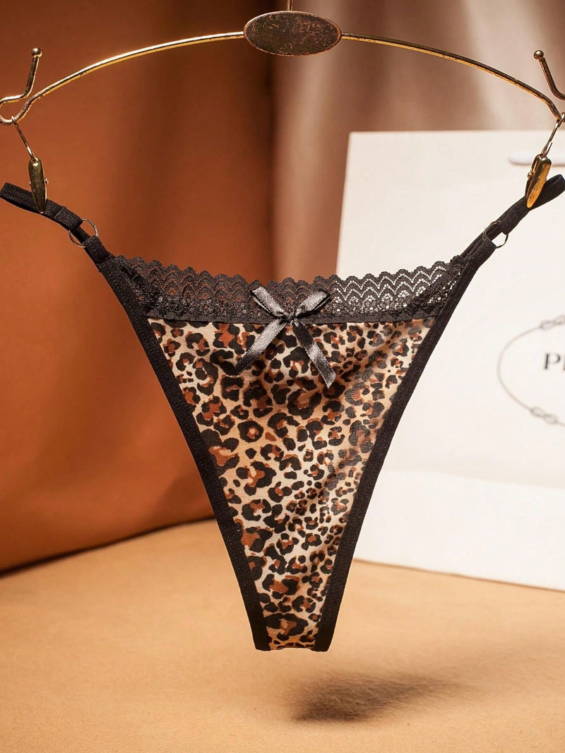 1 pieza Sexy Mujeres Leopard Print Sin costuras encaje cepillado suave de microfibra T-Back Panties