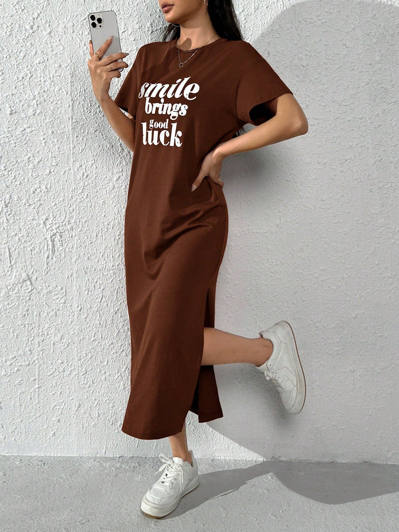 PETITE Vestido estilo camiseta con estampado de slogan de muslo con abertura