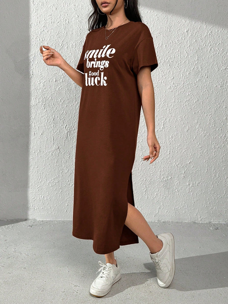 PETITE Vestido estilo camiseta con estampado de slogan de muslo con abertura