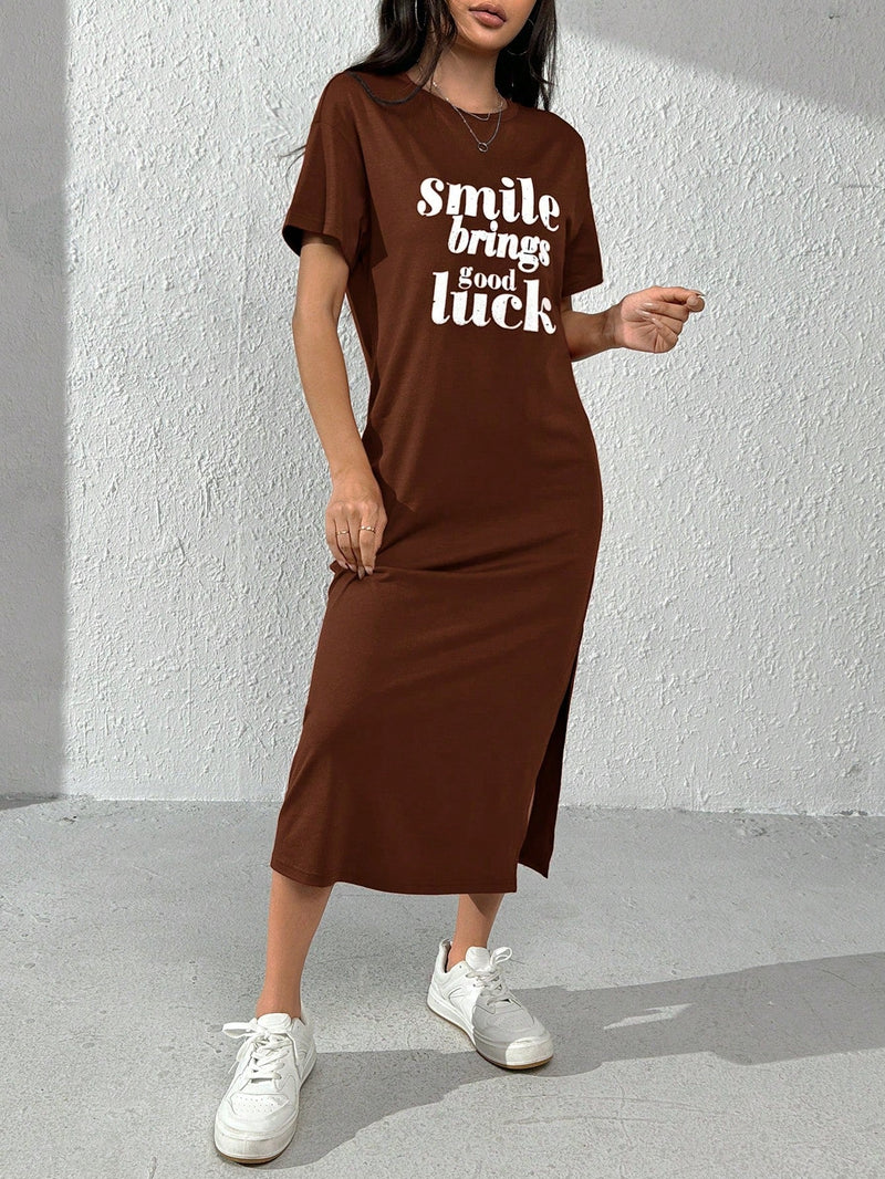 PETITE Vestido estilo camiseta con estampado de slogan de muslo con abertura