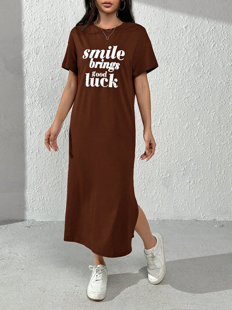 PETITE Vestido estilo camiseta con estampado de slogan de muslo con abertura