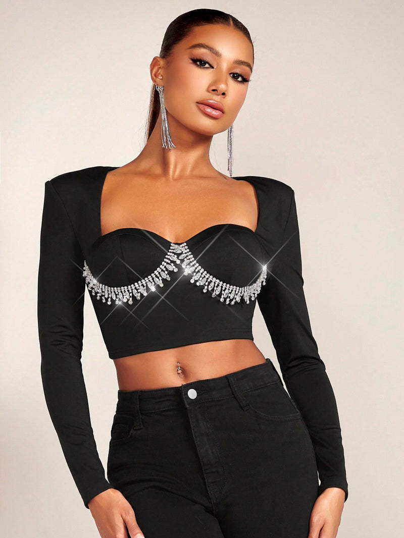 BAE Top crop con diamante de imitacion ribete con fleco