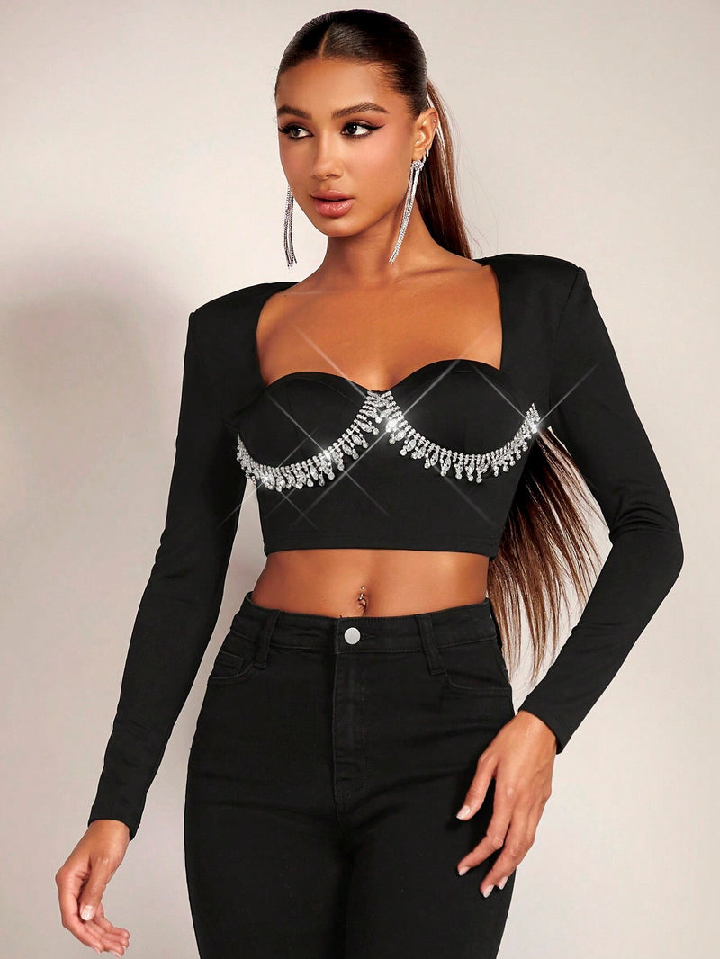 BAE Top crop con diamante de imitacion ribete con fleco