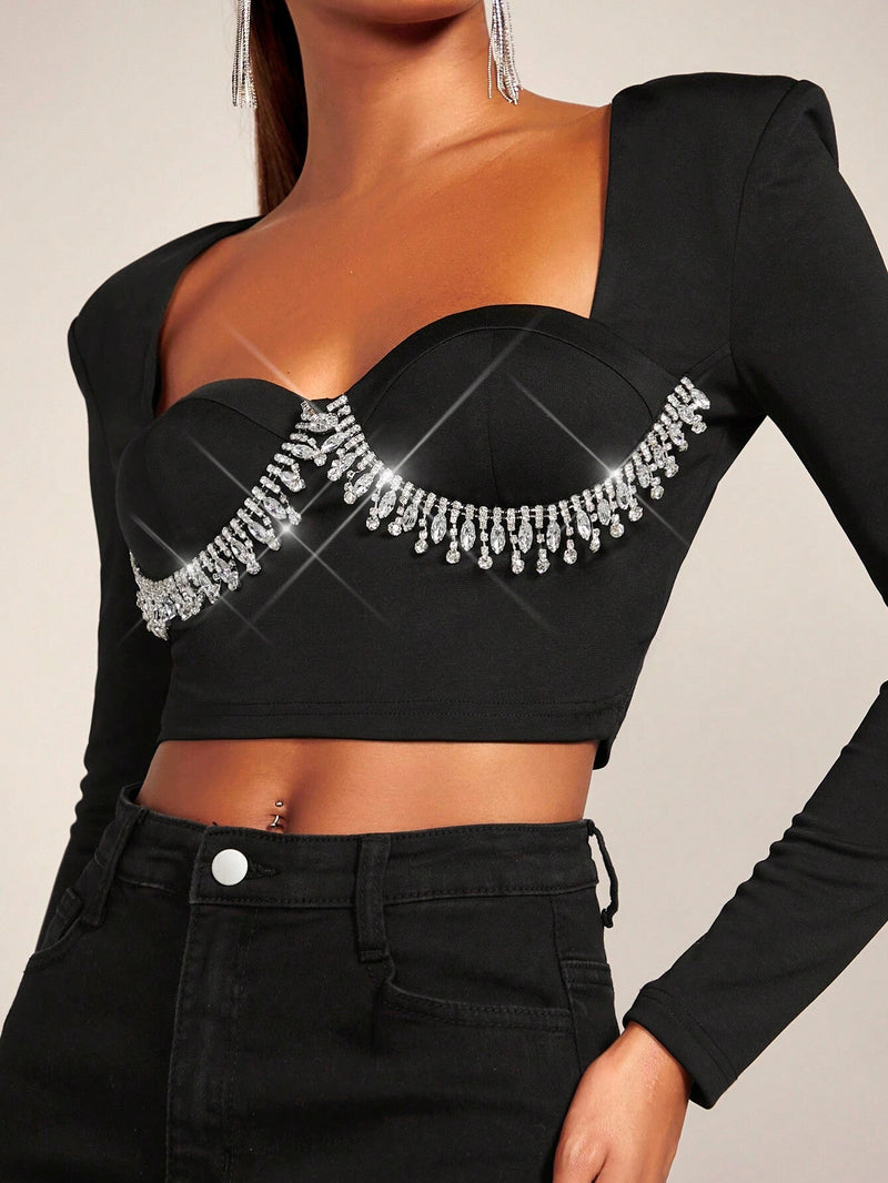 BAE Top crop con diamante de imitacion ribete con fleco