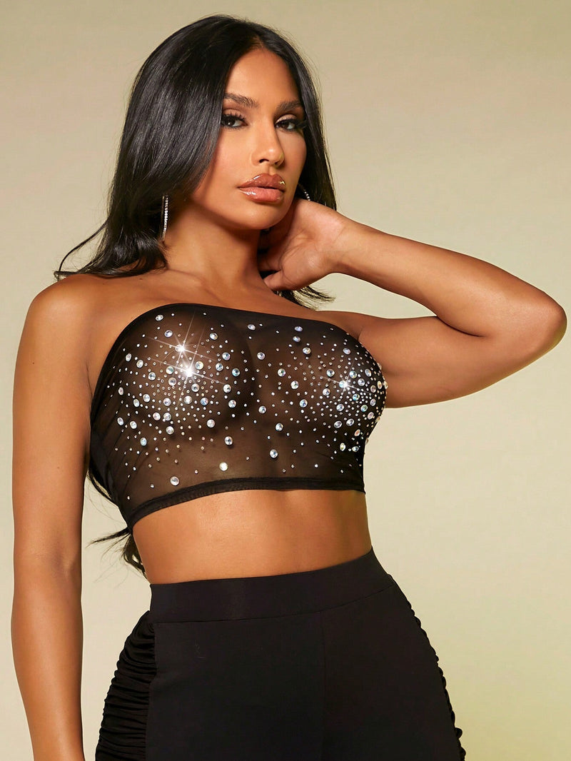 SXY Top De Tubo Recortado Con Detalle De Diamantes De Imitacion Para Atuendos Sexys En El Club