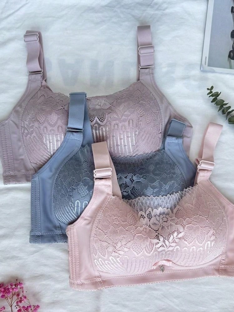 Conjunto De 3 Sujetadores De Encaje Inalambricos Para Mujeres, Comodos, Con Realce, Transpirables, En Rosa/azul/gris, Adecuados Para Uso Diario