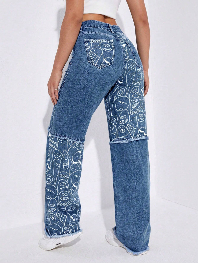 Jeans con estampado de dibujos animados bajo crudo de pierna ancha