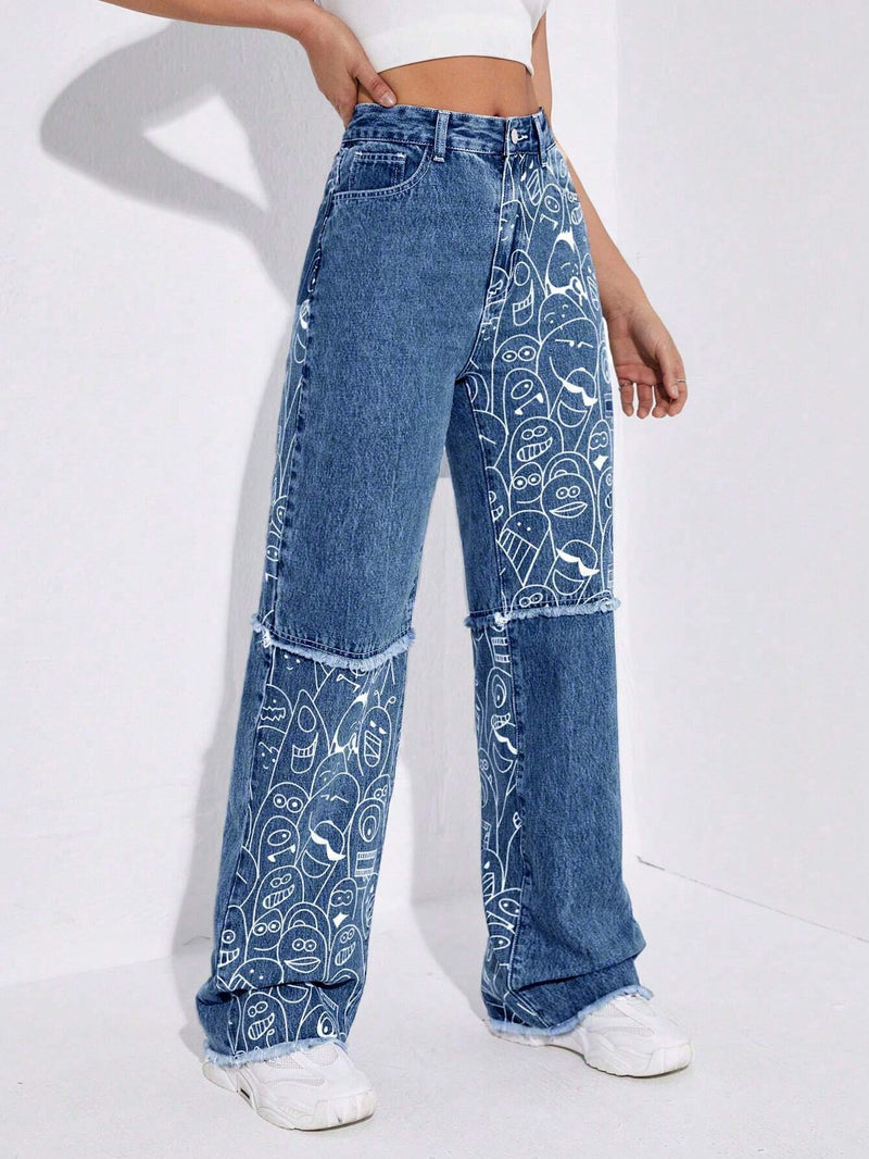 Jeans con estampado de dibujos animados bajo crudo de pierna ancha