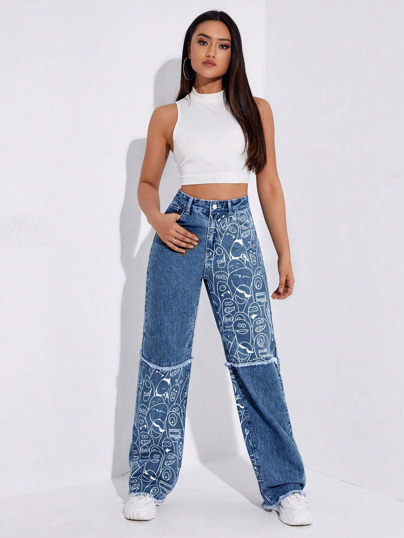 Jeans con estampado de dibujos animados bajo crudo de pierna ancha