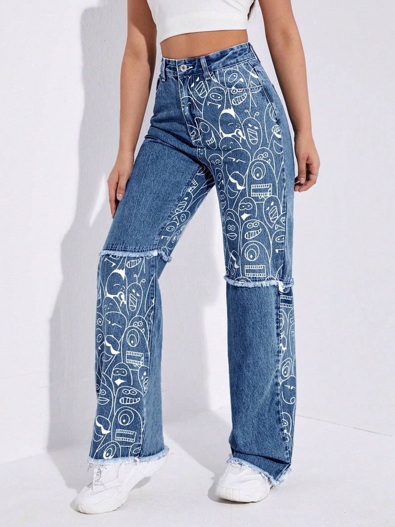 Jeans con estampado de dibujos animados bajo crudo de pierna ancha