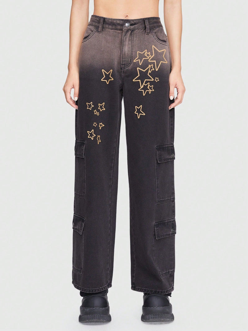 ROMWE Grunge Punk Jeans cargo con estampado de estrella con bolsillo con solapa