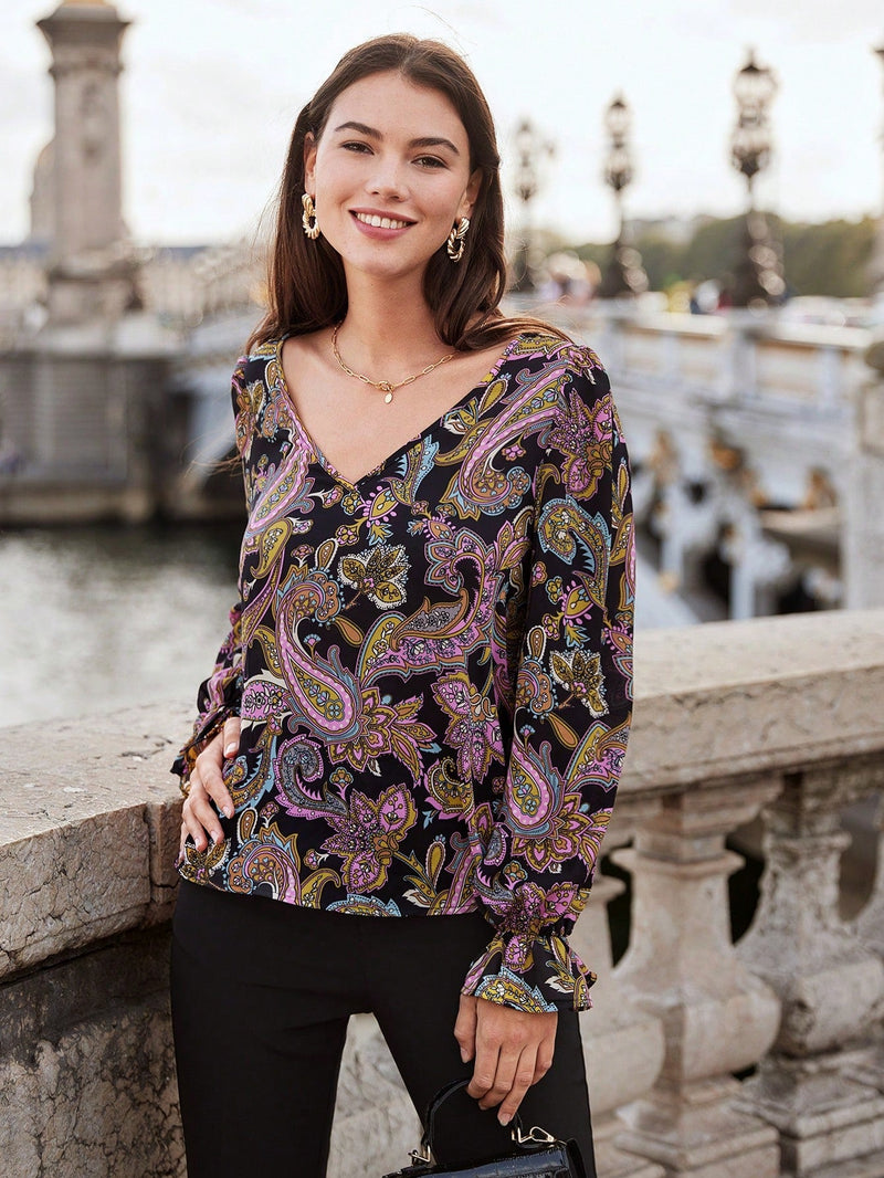 Frenchy Blusa con estampado de paisley de manga con volante