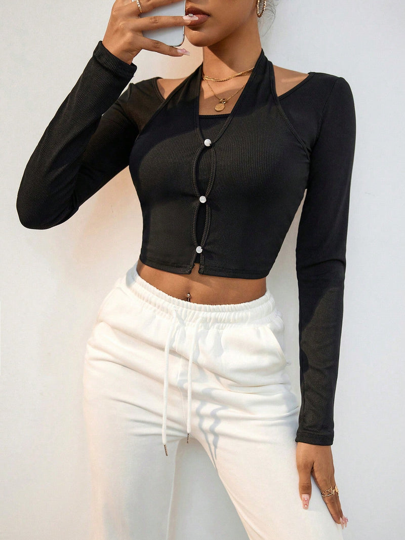 Prive Camiseta crop con boton delantero 2 en 1 halter