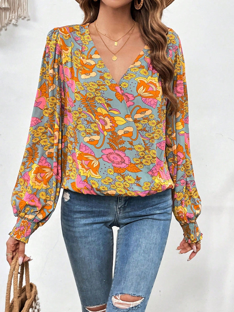 VCAY Blusa con estampado floral de cuello cruzado de manga farol