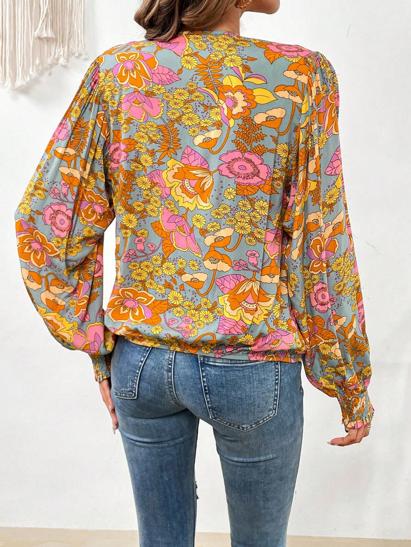 VCAY Blusa con estampado floral de cuello cruzado de manga farol