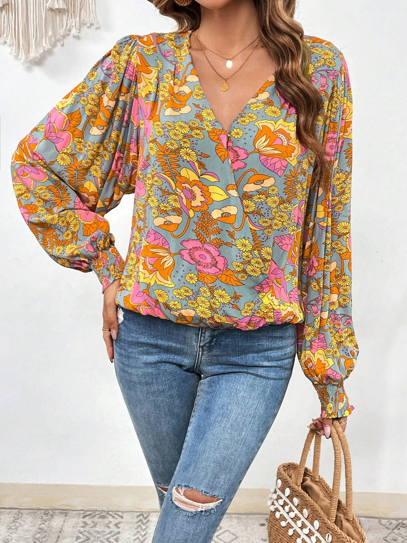 VCAY Blusa con estampado floral de cuello cruzado de manga farol