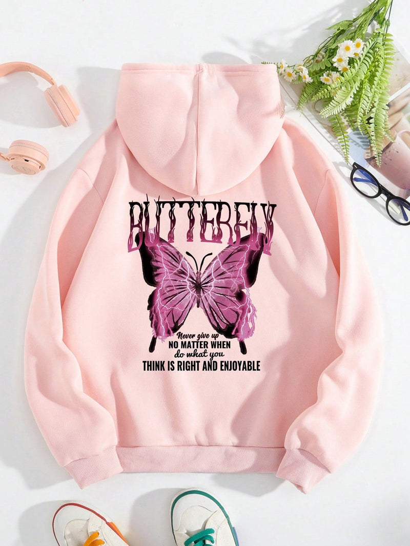 Ezwear capucha termica con estampado de slogan y mariposa con bolsillo de canguro con cordon