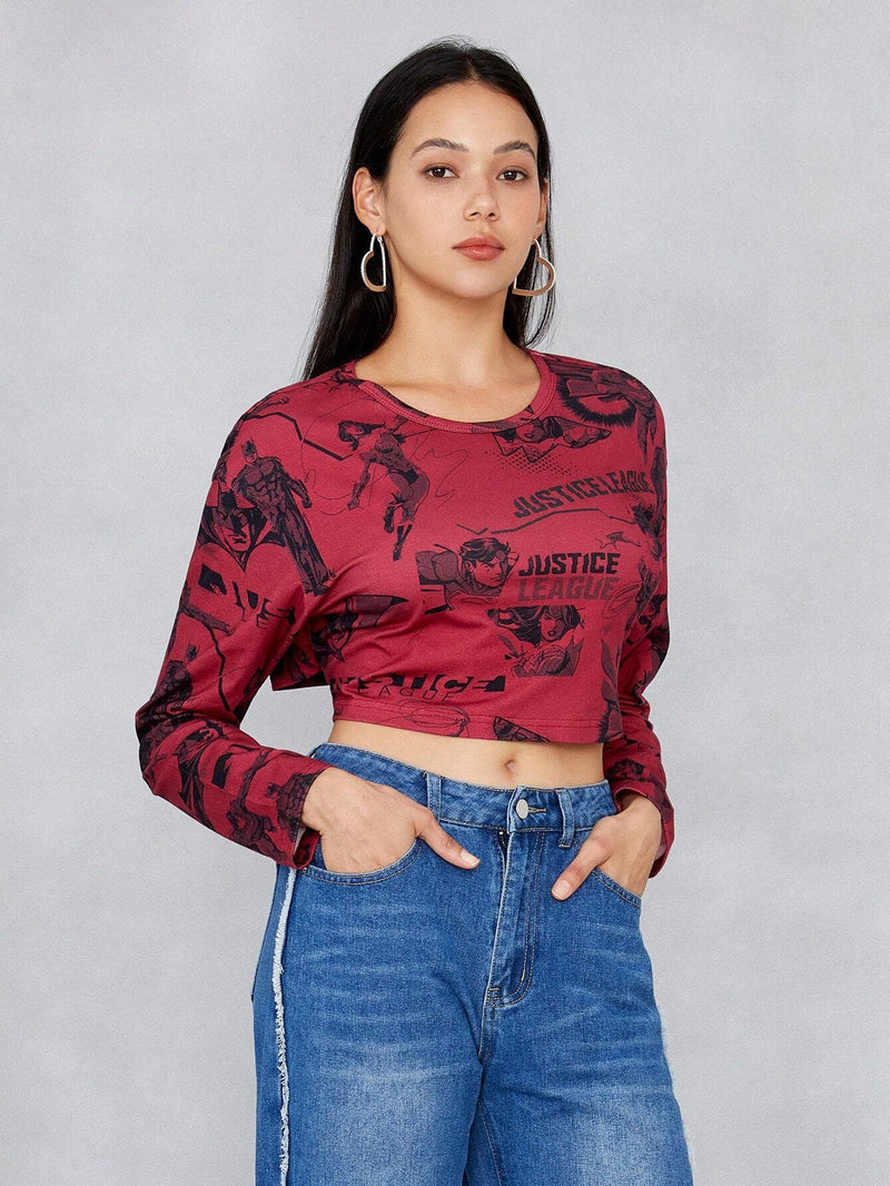 JUSTICE LEAGUE   Camiseta crop con estampado de dibujos animados y letra