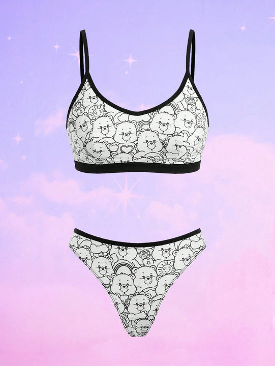 ROMWE X Care Bears Juego De Ropa Interior Blanca Con Estampado De Oso De Dibujos Animados Y Correas Finas