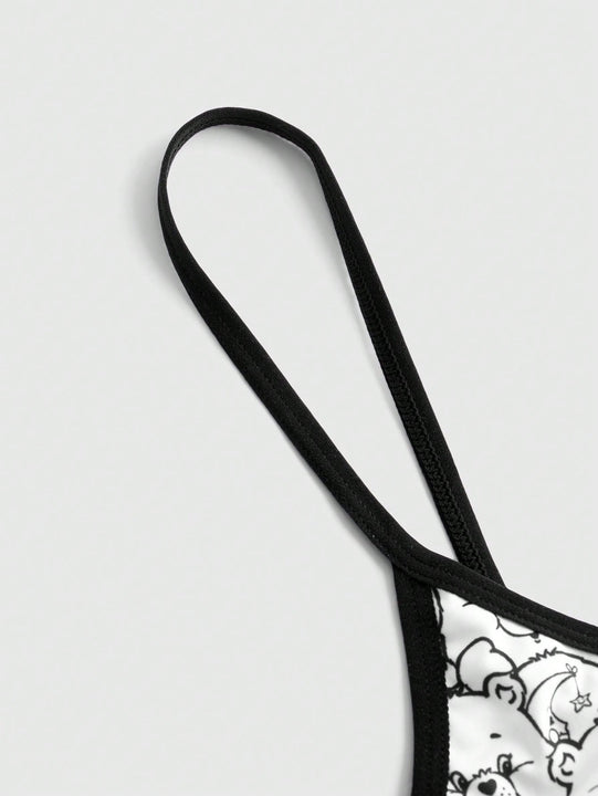 Juego De Ropa Interior Blanca Con Estampado De Oso De Dibujos Animados Y Correas Finas