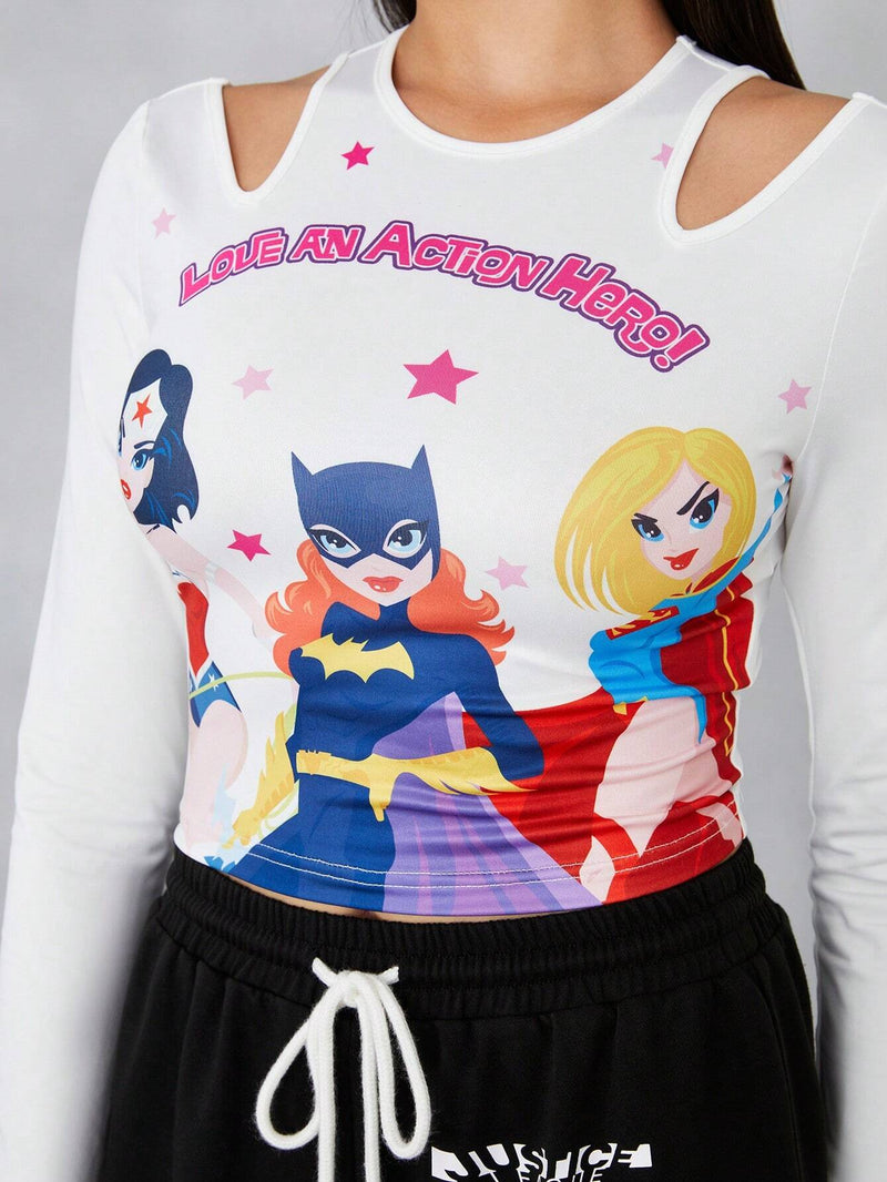 JUSTICE LEAGUE   Camiseta crop con estampado de dibujos animados y letra con abertura