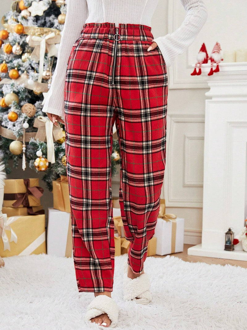 Essnce Pantalones con estampado de tartan cremallera