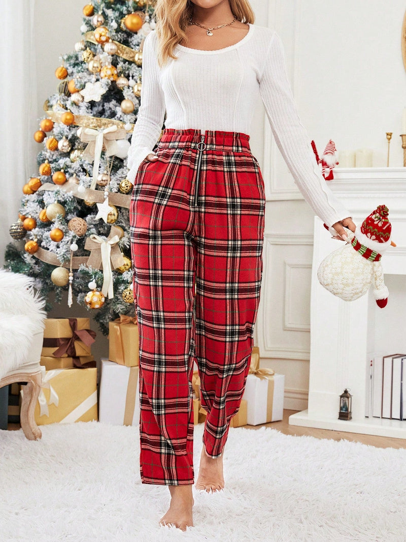 Essnce Pantalones con estampado de tartan cremallera